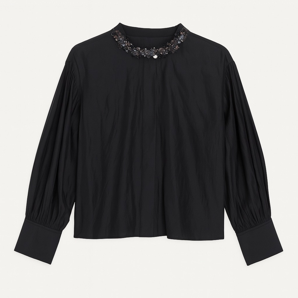 Tanya Taylor long sleeve sheer black button down shirt sequin neck